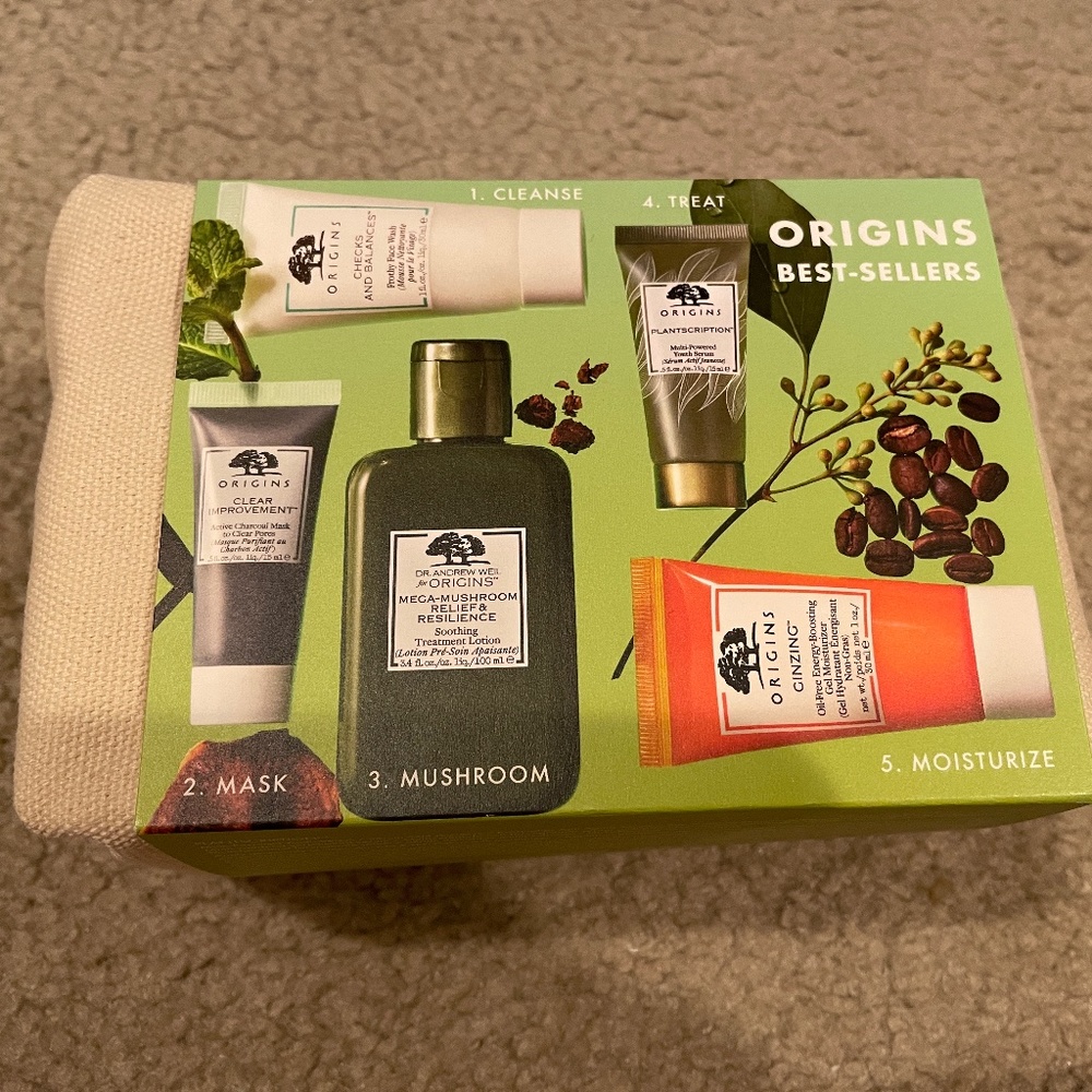 ORIGINS 6 Pc Best Sellers Skin Set Weil Mega Mushroom cleanser mask gift pouch